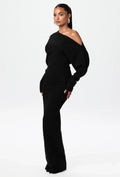 Asymmetric Off Shoulder Long Sleeve Knit Column Maxi Dress