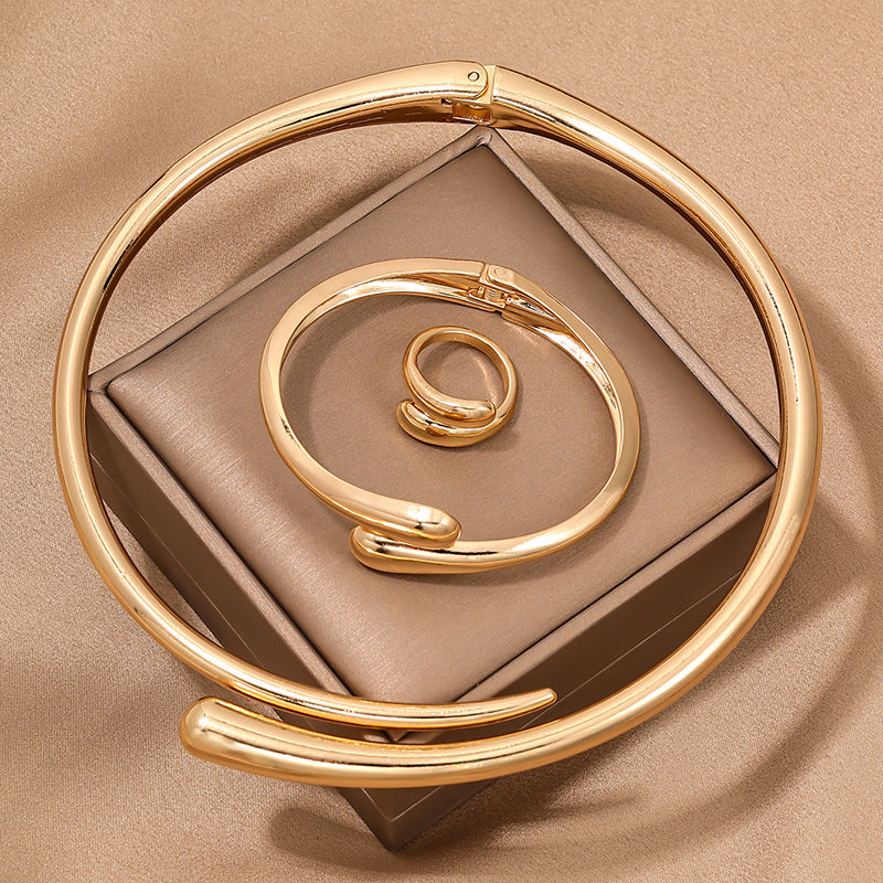 3 Piece Heavy Geometric Bracelet, Ring & Necklace Set