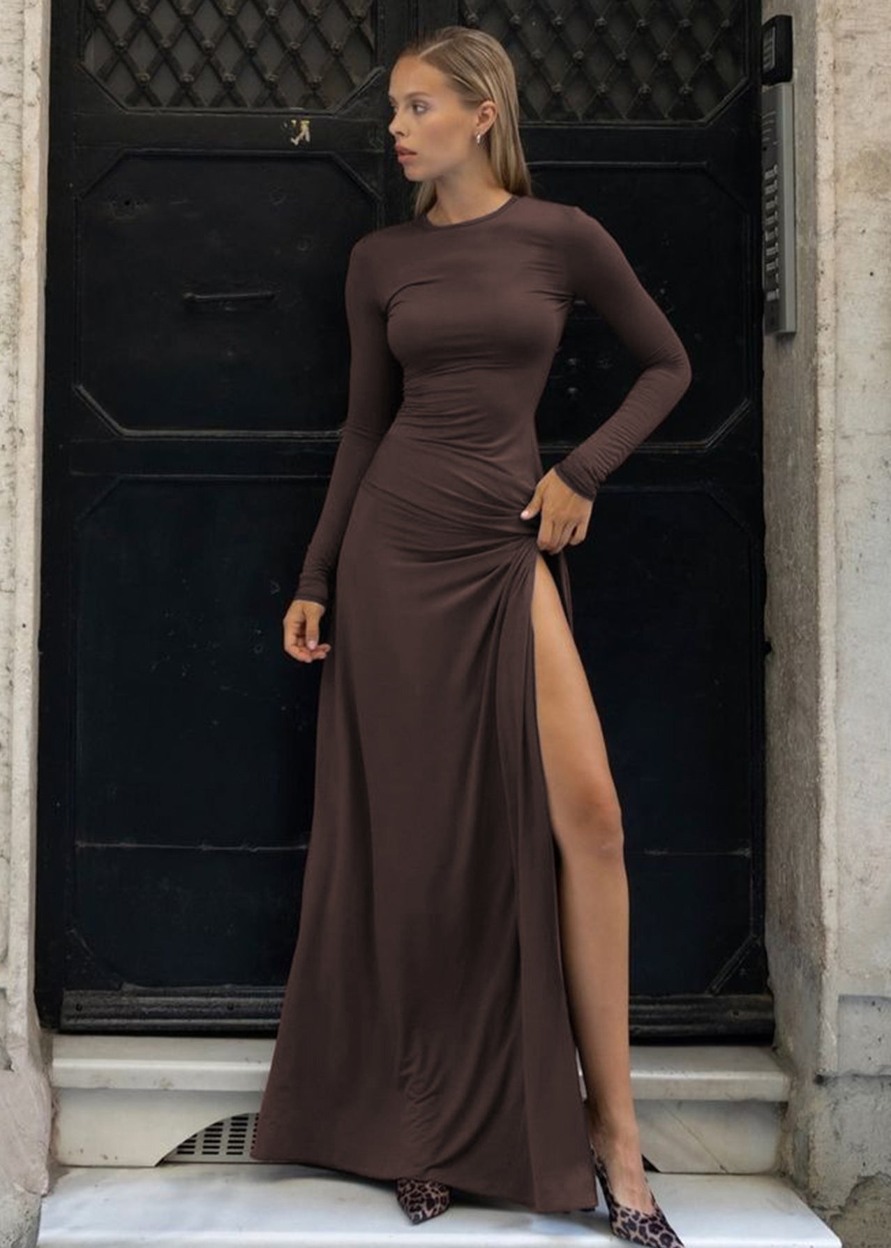 Long Sleeve Crew Neck Ruched Hip High Split Bodycon Maxi Dress