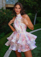 High Neck Halter Tiered Ruffle Floral Print Mini Dress