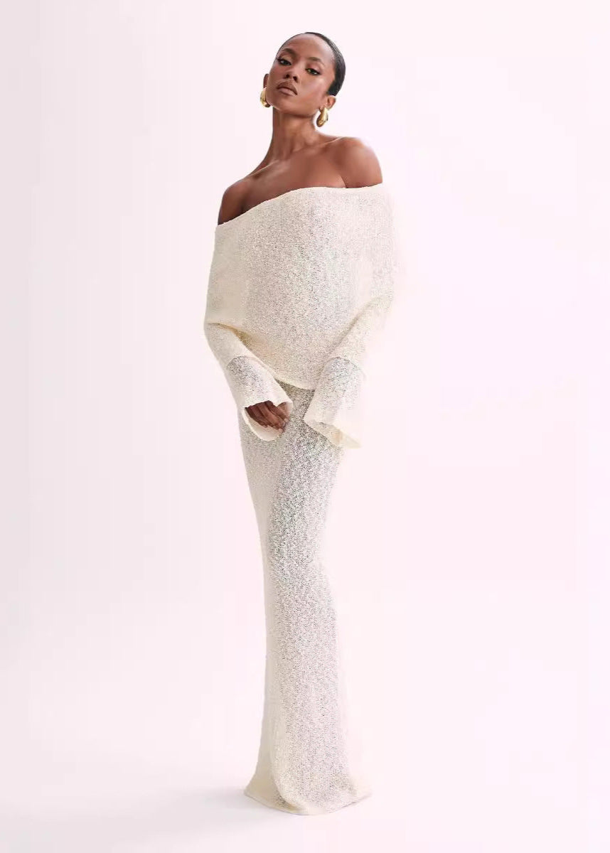 Off Shoulder Shimmer Knit Bodycon Maxi Dress