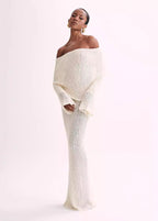 Off Shoulder Shimmer Knit Bodycon Maxi Dress
