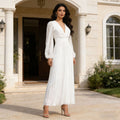 Deep V-Neck Puff Sleeve Pleated Waist Plissé Maxi Dress