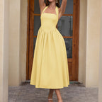Halter Neck Square Neck V Waist Gathered A Line Midi Dress