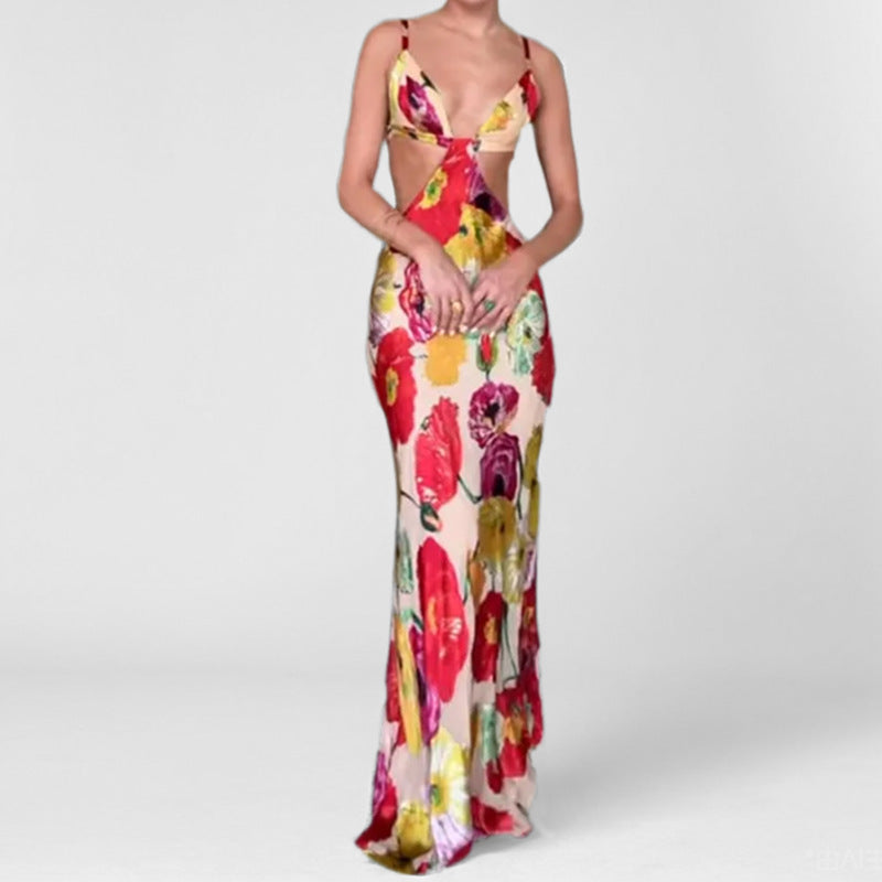 Hawaiian Dreams Satin Floral Print Cutout Backless Maxi Dress
