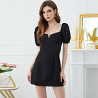 Solid Color Square Collar Puff Sleeve Dress