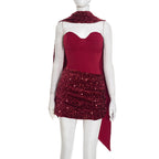Sequin Ruched Corset Top Asymmetric Mini Skirt Two Piece Set