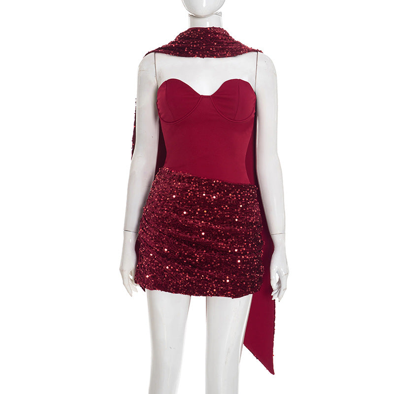 Sequin Ruched Corset Top Asymmetric Mini Skirt Two Piece Set