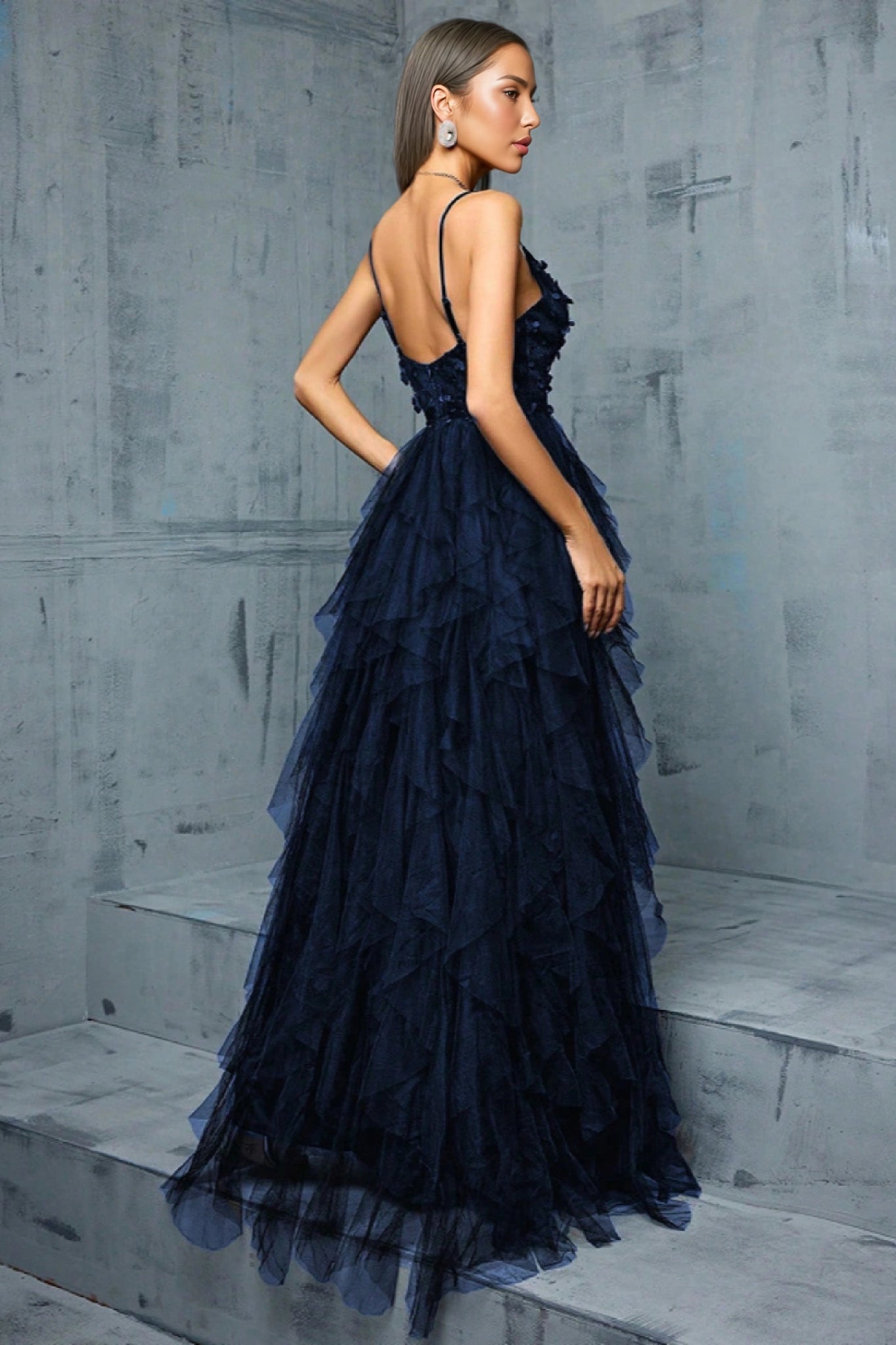 Valentina Blue Mesh Slit Maxi Dress