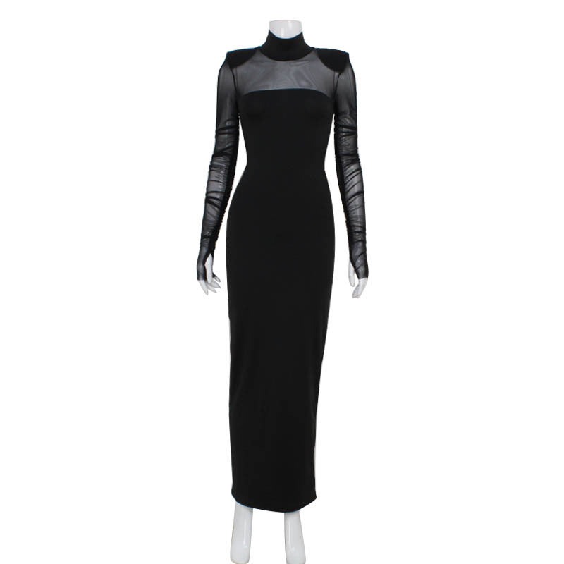 Mesh Mock Neck Long Sleeve Ruched Padded Shoulder Bodycon Maxi Dress