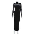 Mesh Mock Neck Long Sleeve Ruched Padded Shoulder Bodycon Maxi Dress