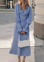 Deep V Neck Puff Sleeve Button Detail Structured Waist Midi Dress