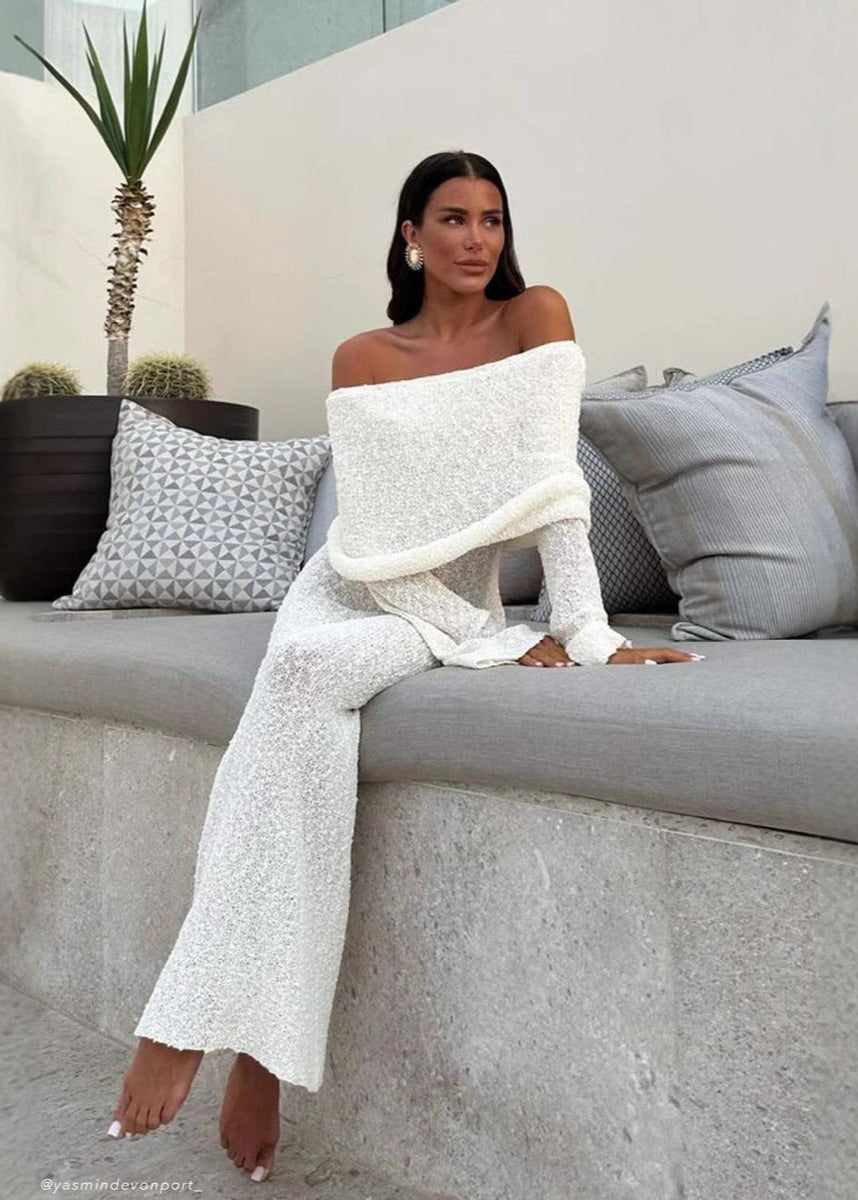 Off Shoulder Shimmer Knit Bodycon Maxi Dress