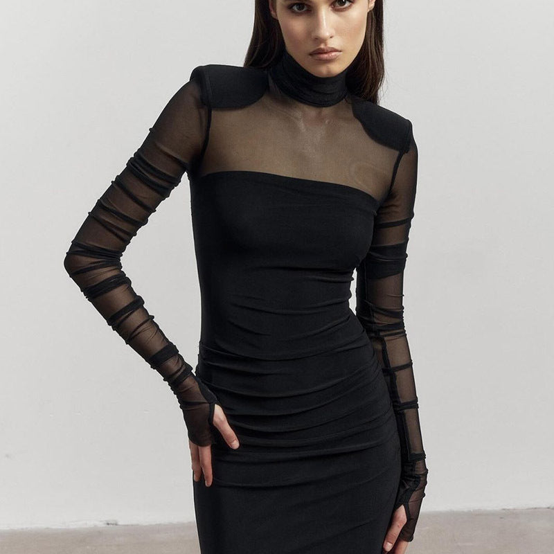 Mesh Mock Neck Long Sleeve Ruched Padded Shoulder Bodycon Maxi Dress