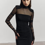 Mesh Mock Neck Long Sleeve Ruched Padded Shoulder Bodycon Maxi Dress