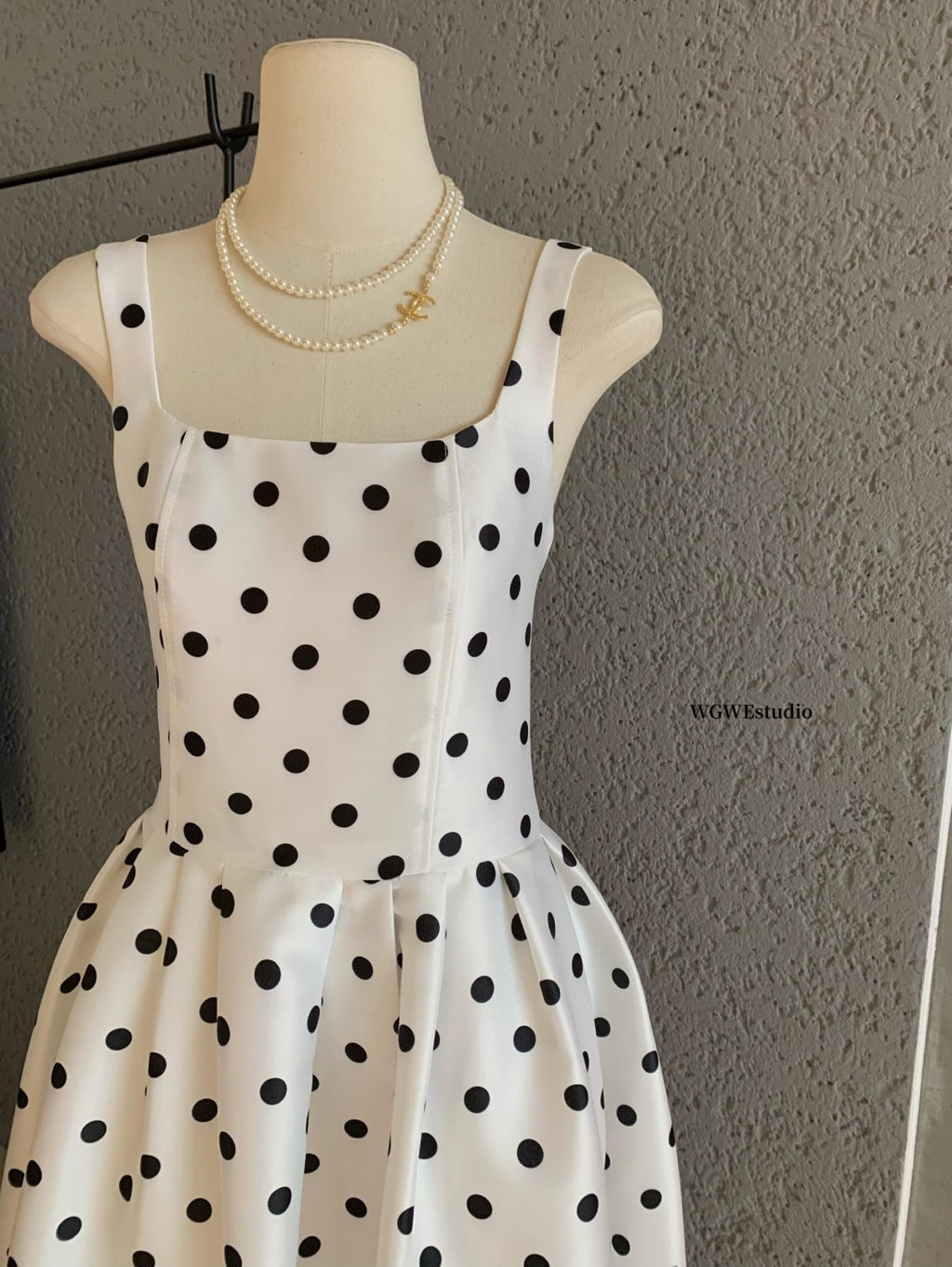 Square Neck Spaghetti Strap Lace Trim Polka Dot Fit and Flare Midi Dress