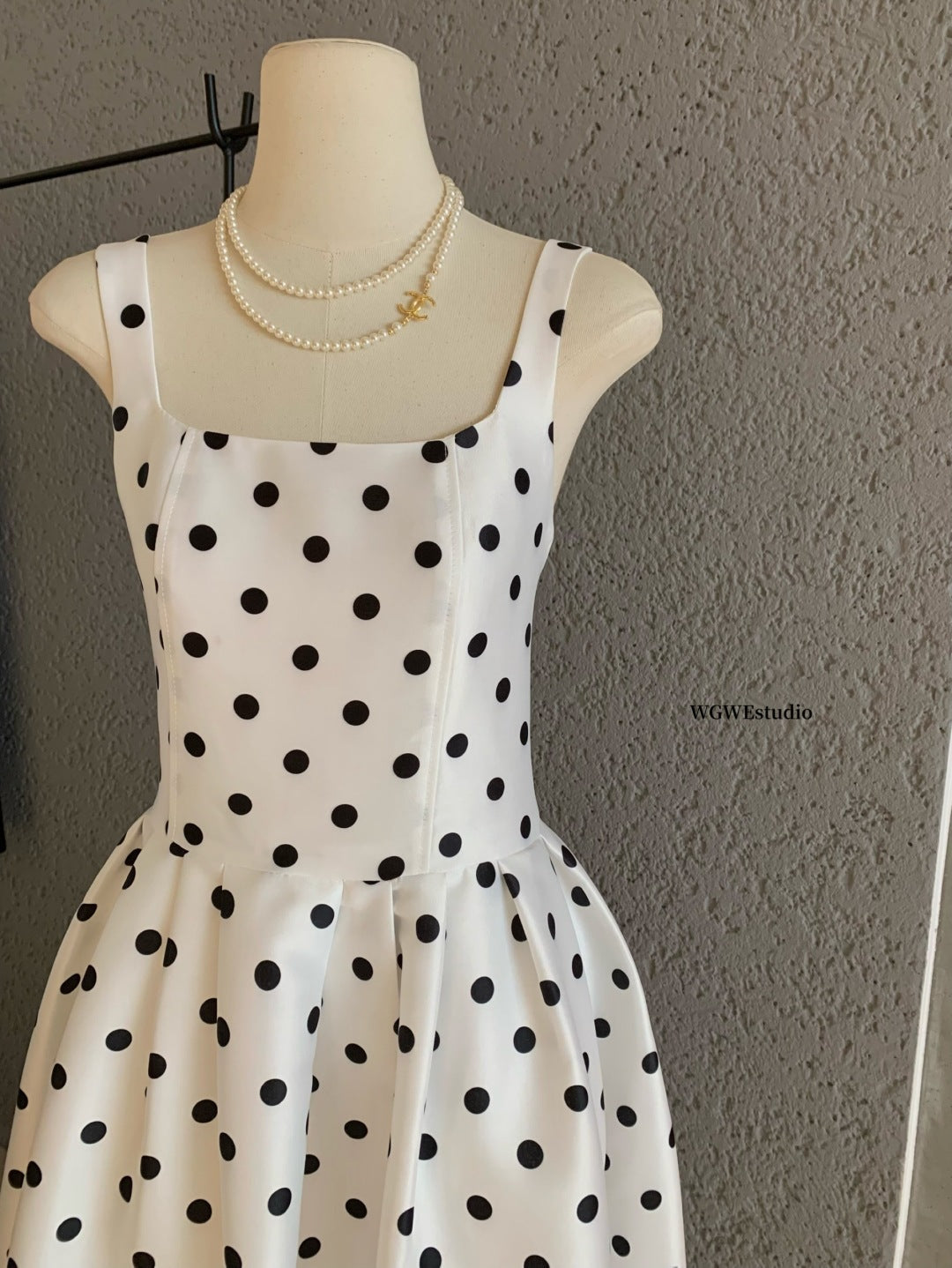 Square Neck Spaghetti Strap Lace Trim Polka Dot Fit and Flare Midi Dress