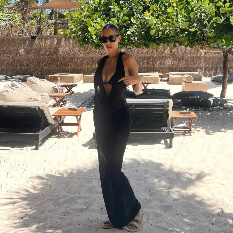 Sheer Mesh Halter Cowl Neck Bodycon Maxi Dress