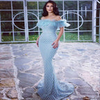 Off Shoulder Tulle Ruffle Neckline Diamond Sequin Mermaid Maxi Gown
