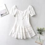 Lace Eyelet Puff Sleeve Lace Up Tiered Ruffle Mini Dress