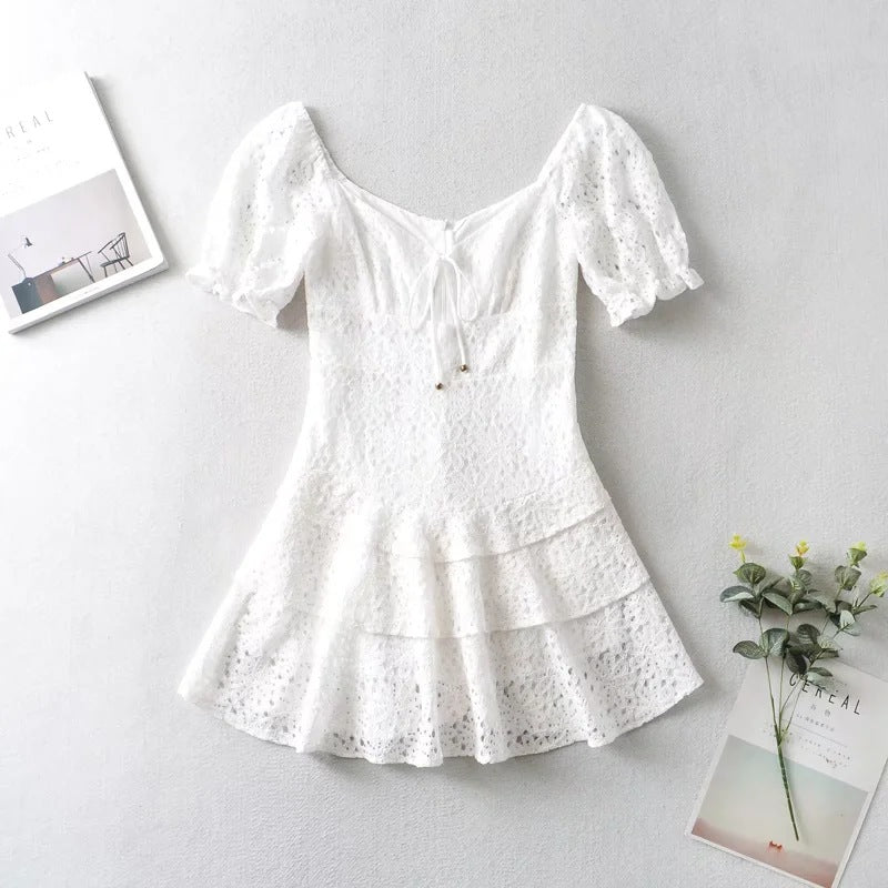 Eyelet Lace Tie Front Puff Sleeve Tiered Ruffle Mini Dress