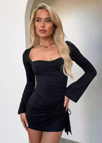 Sweetheart Long Sleeve Bell Cuff Ruched Side Gather Bodycon Mini Dress