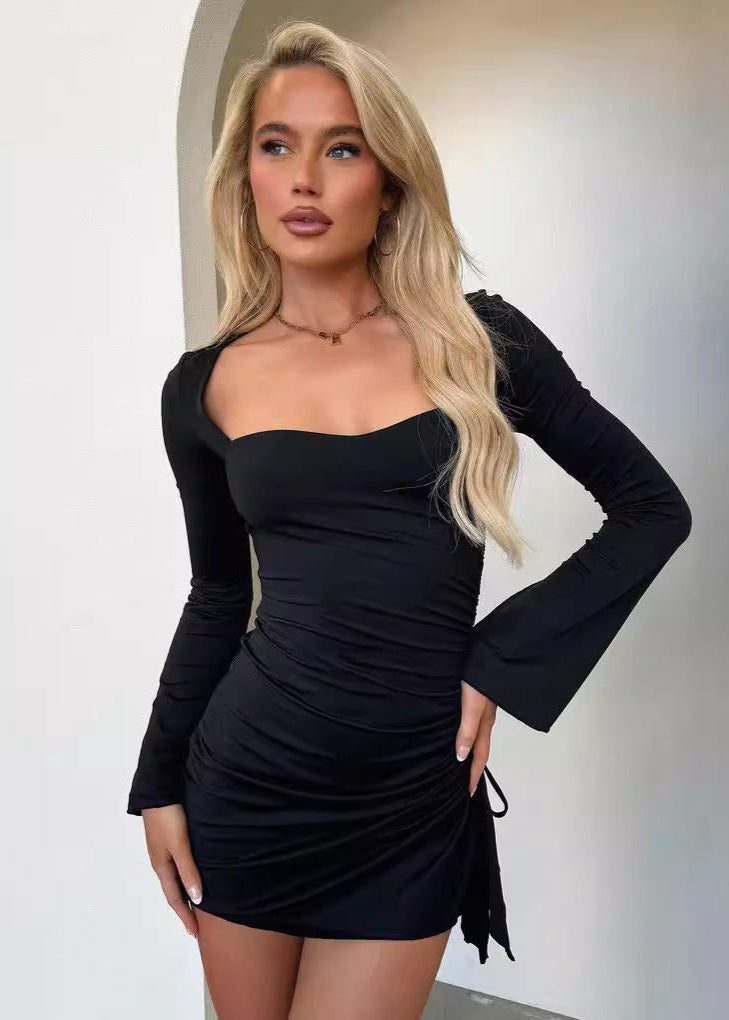 Sweetheart Neck Bell Sleeve Ruched Drawstring Asymmetrical Hem Mini Dress