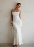Spaghetti Strap Lace Overlay Mermaid Maxi Dress