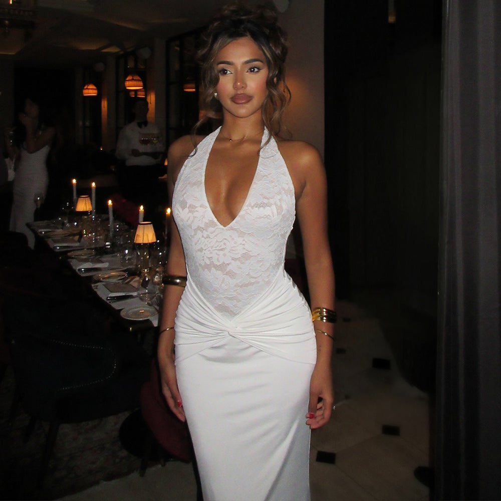 Lace Halter Plunging V-Neck Ruched Waist Column Maxi Gown