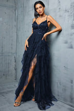 Valentina Blue Mesh Slit Maxi Dress