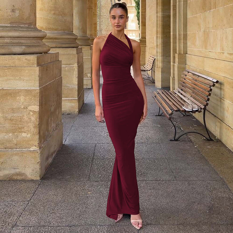 Halter Neck Ruched Bodice Mermaid Hem Bodycon Maxi Gown
