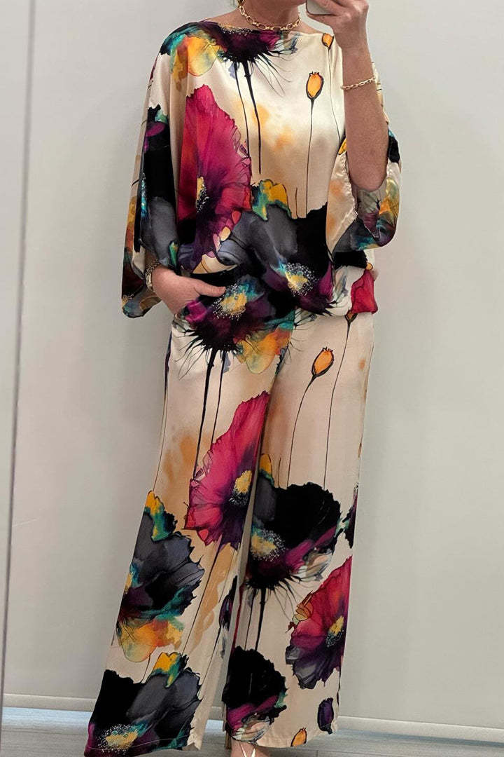Unique Elegant Satin Loose Fit Printed Batwing Sleeve Set