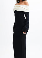 Noir Elegance - Off-Shoulder Contrast Maxi Dress