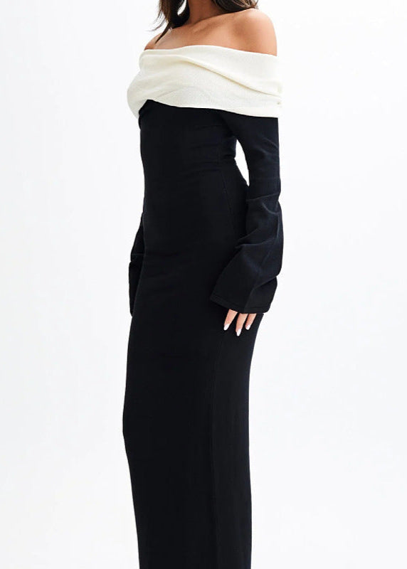 Off Shoulder Fold Over Collar Contrast Long Sleeve Bodycon Maxi Dress
