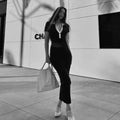 Short Sleeve Polo Collar Contrast Waist Cut Out Bodycon Maxi Dress
