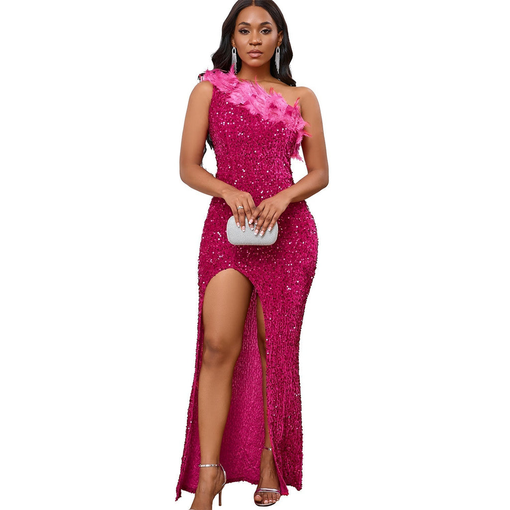 A Side-Neck Slit Sequin Dress