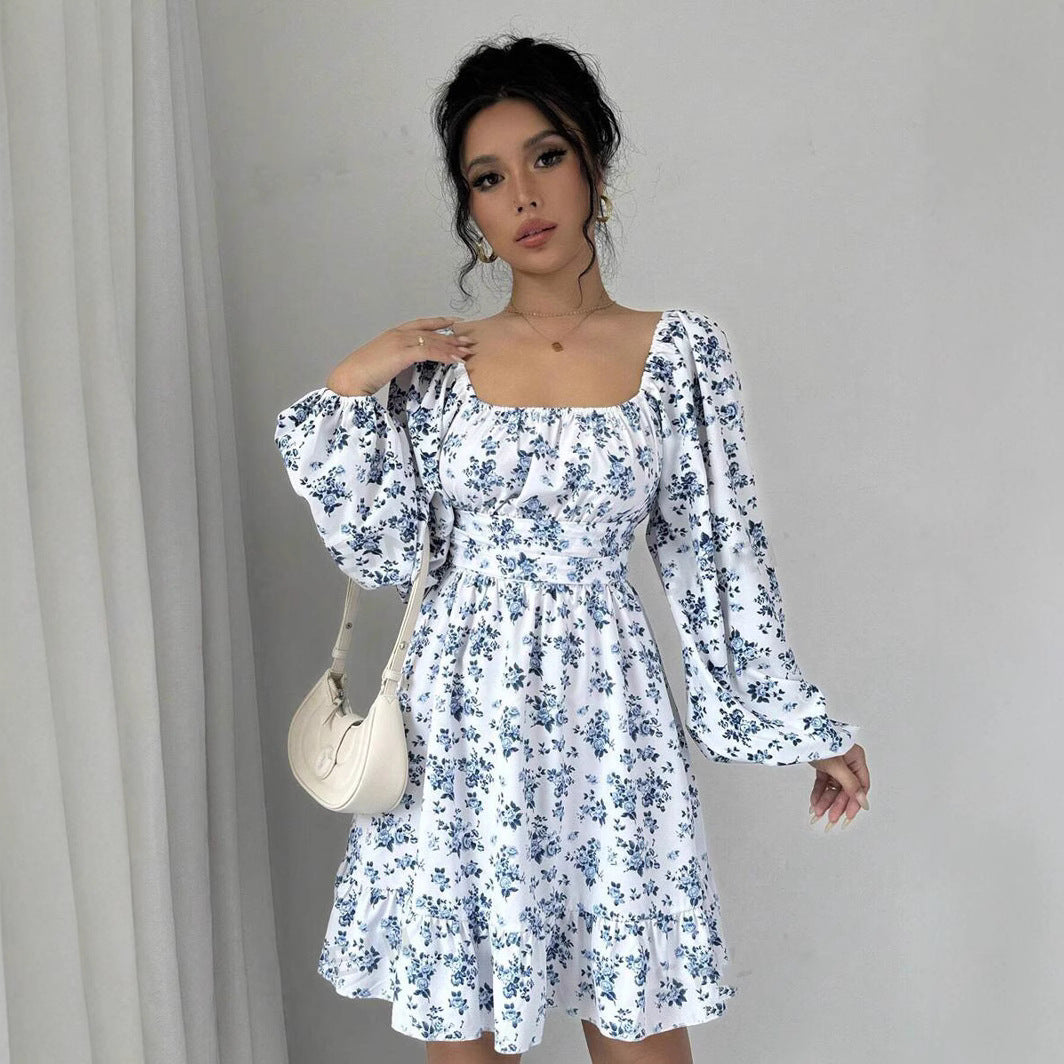 Karen Aesthetic Women's Floral Dress with Balloon Sleeves and Gathered Waistband Premium Wardrobe Essential