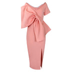 Oversized Bow Asymmetric V-Neck Short Sleeve Bodycon Midi Dress