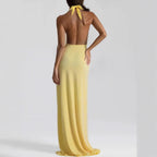 Halter Neck Deep V-Neck Draped Wrap Ruched High Split Maxi Dress