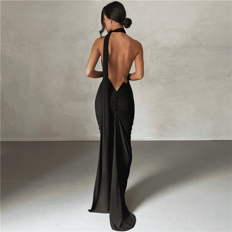 One Shoulder Asymmetric Strap Metal Ring Open Back Ruched Train Maxi Dress