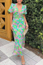 Floral Print V-neck Puff Sleeve Open-back Maxi Dress