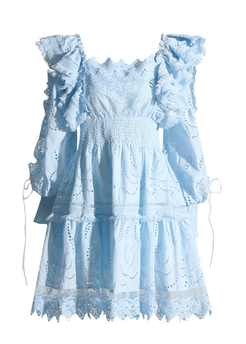 Off Shoulder Eyelet Puff Sleeve Smocked Waist Tiered Lace Mini Dress