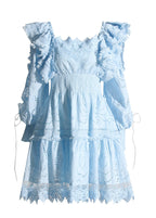 Off Shoulder Eyelet Puff Sleeve Smocked Waist Tiered Lace Mini Dress