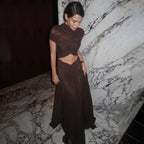 Mesh Ruched Mock Neck Cut Out Waist Gathered Maxi Mini Dress