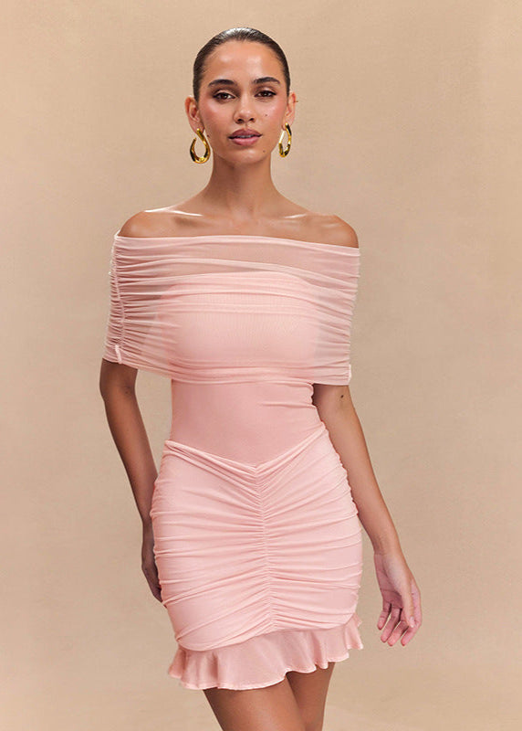 Off Shoulder Ruched Mesh Ruffle Hem Mini Dress