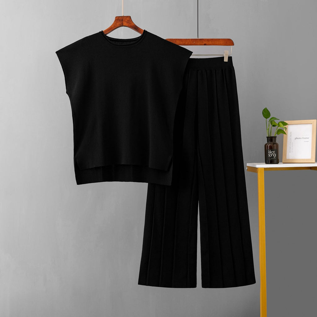 Solid Color Sleeveless Sweater Vest & Wide Leg Pants Sets