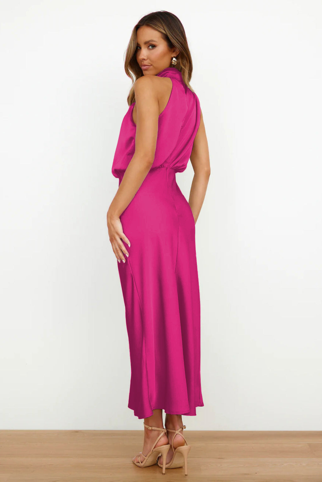 Halter Cowl Neck Sleeveless Satin Bias Cut Midi Dress