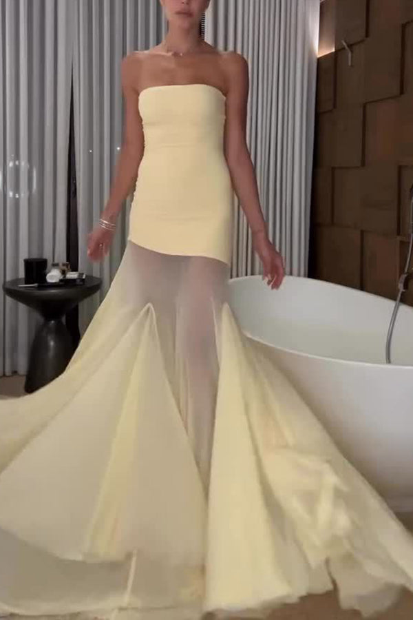 Solid Color Sleeveless Off-shoulder Mesh-paneled Fitted Maxi Dress