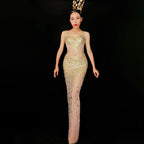 Waisted Mermaid Long Dress With Diamonds