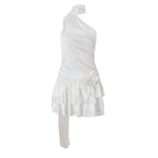 Asymmetric Halter Neck Fabric Rosette Tiered Ruffle Satin Mini Dress